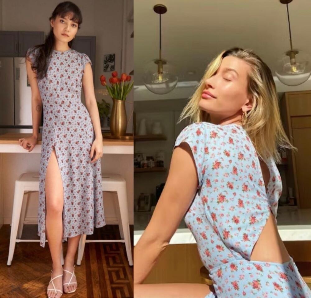 Reformation Gavin Floral Midi Dress Blue Rose Print Cutout Slit 2 Petite